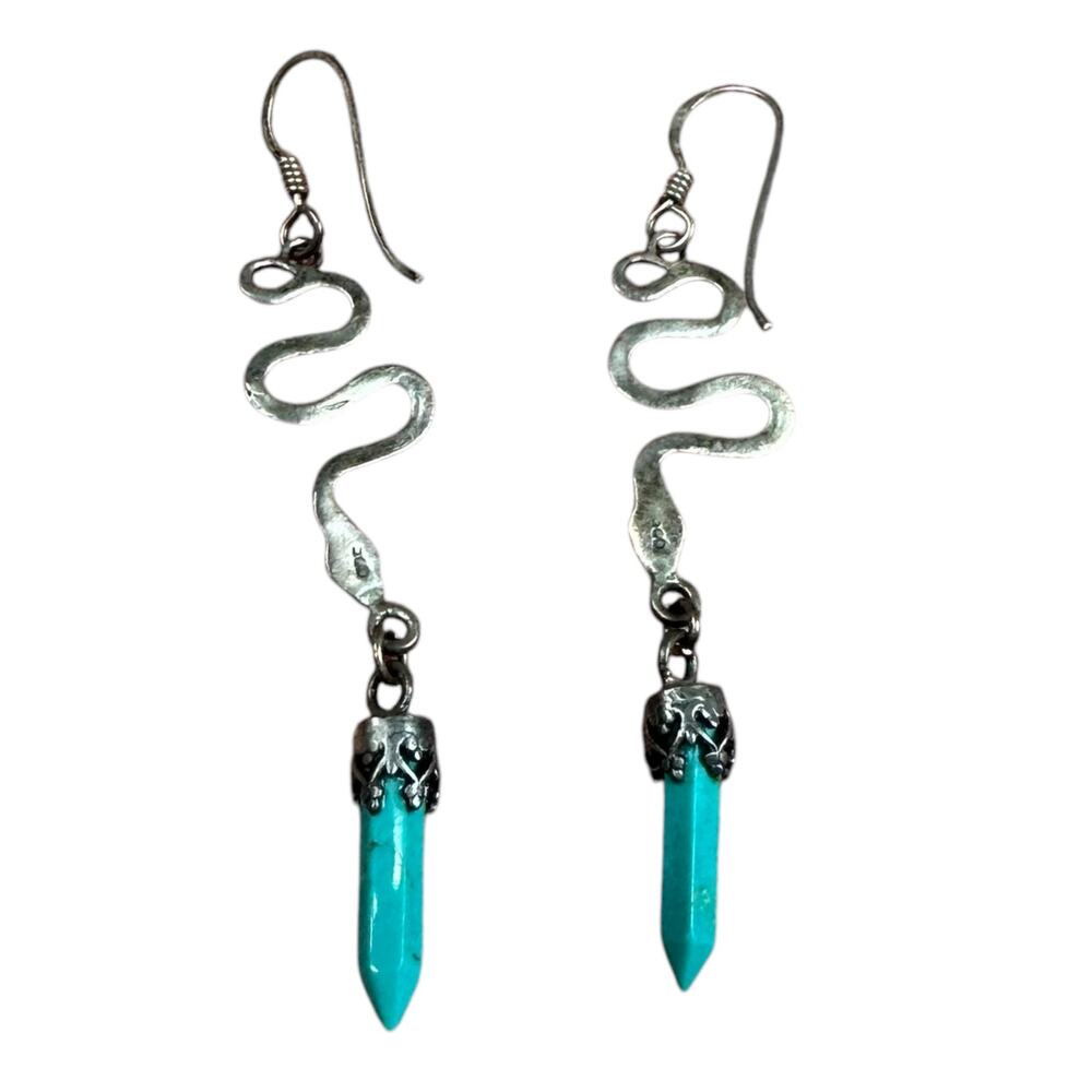 UNBRANDED Vintage Sterling Silver Turquoise Snake Dangle Drop Earrings Serpent - Picture 2 of 7